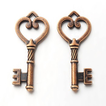 Tibetan Style Alloy Pendants, Cadmium Free & Nickel Free & Lead Free, Red Copper, Skeleton Key, about 46.5mm long, 18mm wide, 4mm thick, hole: 3mm