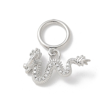 Brass Micro Pave Clear Cubic Zirconia Dragon European Dangle Charms, Large Hole Pendants, Platinum, 20mm, Hole: 7.5mm