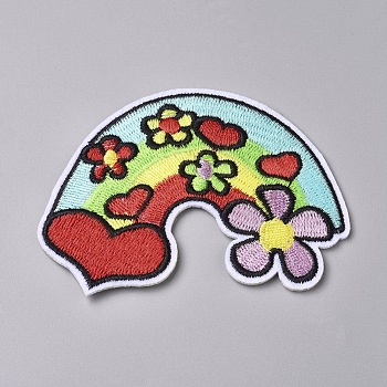 Computerized Embroidery Cloth Iron on/Sew on Patches, Costume Accessories, Appliques, Rainbow & Flower & Heart, Colorful, 64.5x80x1.5mm