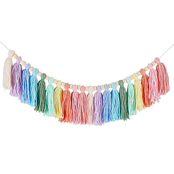 Cotton Tassel Hanging Wall Art Decorations, with Wooden Bead, Colorful, 950mm