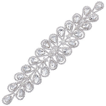 Glass Crystal AB Rhinestone Applique, with Brass Sttings, for Bridal Belt, Wedding Dress Decoration, Leaf, Silver Color Plated, 52x240x6mm