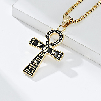 Egyptian Ankh Cross 304 Stainless Steel Pendant Necklaces, Golden, 23.62 inch(60cm)