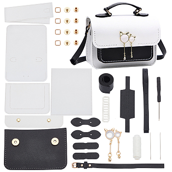 DIY Imitation Leather Sew on Women's Crossbody Bag Making Kit, including Fabrics, Imitation Pearl Cat Head Ornament, Alloy Buckles & Magnetic Button, Cord and Needle, Screwdriver, Black, Finished Product: 25x7x18.5cm