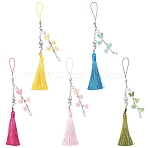5Pcs 5 Colors Glass Bead with ABS Plastic Pearl Flower & Butterfly Pendant Decorations, with Polyester Tassel, Platinum, Mixed Color, 200mm, 1pc/color(HJEW-YW00481)