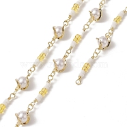 Rack Plating Golden Brass Twist Round Link Chains, with Plastic Pearl Beaded, Unwelded, with Card Paper, White, 12x6.5x8mm(CHC-C026-25)
