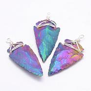 Electroplated Quartz Crystal Big Pendants, with Brass Finding, Arrowhead, Silver Color Plated, Multi-color Plated, 47~72x20~32x6~12mm, Hole: 4mm(G-G908-02P)