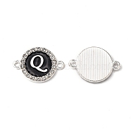 Alloy Enamel Links Connectors, with Crystal Rhinestones, Flat Round with Letter, Silver Color Plated, Letter.Q, 22x16x2mm, Hole: 1.8mm(ENAM-TAC0003-01S-02Q)