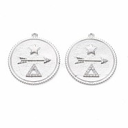 Brass Micro Pave Clear Cubic Zirconia Pendants, Nickel Free, Flat Round with Arrow & Star & Triangle, Real Platinum Plated, 25x23x2mm, Hole: 1mm(KK-S356-693)