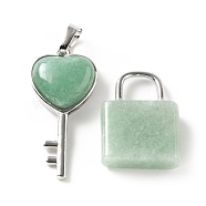 Natural Green Aventurine Pendants, with Platinum Tone Brass Findings, Key & Lock, 27~36.5x17~19.5x6.5~7mm, Hole: 8~9x5~9mm(G-E580-01P-04)