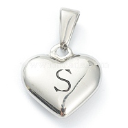 304 Stainless Steel Pendants, Heart with Black Letter, Stainless Steel Color, Letter.S, 16x16x4.5mm, Hole: 7x3mm(STAS-P278-01S-P)