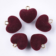 Flocky Acrylic Pendants, with Brass Loops, Heart, Golden, Dark Red, 18.5x18x13mm, Hole: 2.5mm(FIND-T046-28-05)