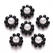 Glass Seed Beads Charms, with ABS Plastic Imitation Pearl and Golden Tone Brass Findings, Flower, Black, 10x5mm(FIND-R086-05C)