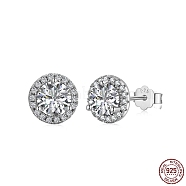Rhodium Plated 925 Sterling Silver Micro Pave Cubic Zirconia Ear Studs for Women, with S925 Stamp, Flat Round, Real Platinum Plated, 8.5mm(EJEW-P231-61P)