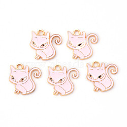 Alloy Enamel Pendants, Cat, Light Gold, Pink, 21x20x1.5mm, Hole: 2mm(ENAM-R058-09B)