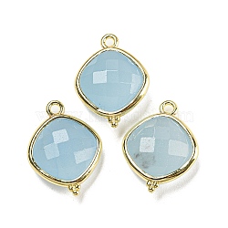Dyed Natural Jade Imitation Aquamarine Pendants, Rack Plating Golden Plated Brass Faceted Rhombus Charms, 19x14.5x5.5mm, Hole: 1.6mm(G-M431-12G-03)