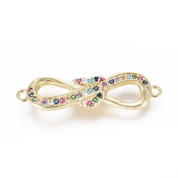 Brass Micro Pave Cubic Zirconia Links connectors, Bowknot, Colorful, Golden, 8x30x3mm, Hole: 1.4mm(ZIRC-L083-029G)