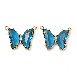 Brass Pave Faceted Glass Connector Charms, Golden Tone Butterfly Links, Steel Blue, 17.5x23x5mm, Hole: 0.9mm(FIND-Z020-03P)
