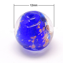 Handmade Gold Sand Lampwork Beads, Round, Blue, 12mm, Hole: 1mm(LAMP-S034-12mm-01)