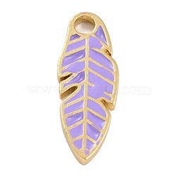 Golden Plated Brass Enamel Pendants, Long-Lasting Plated, Feather, Lilac, 23.5x8.8x1.8mm, Hole: 2.7mm(KK-P197-15G-G)