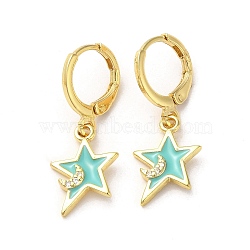 Star & Moon Real 18K Gold Plated Brass Dangle Leverback Earrings, with Enamel and Cubic Zirconia, Turquoise, 25.5x11mm(EJEW-L268-032G-04)