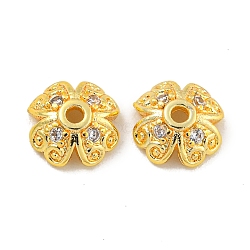 Rack Plating Brass Micro Pave Clear Cubic Zirconia Bead Caps, Long-Lasting Plated, Lead Free & Cadmium Free, Flower, Real 18K Gold Plated, 6x6x2mm, Hole: 1mm(KKB-L215-044G)