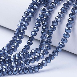 Electroplate Glass Beads Strands, Pearl Luster Plated, Faceted, Rondelle, Marine Blue, 4x3mm, Hole: 0.4mm, about 113~115pcs/strand, 41~42cm(EGLA-A034-T4mm-A14)