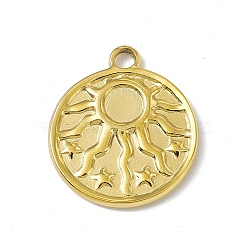 304 Stainless Steel Pendant Cabochon Settings, Flat Round with Sun, Golden, Tray: 5mm, 21x18x2mm, Hole: 2.3mm(STAS-P316-05G)
