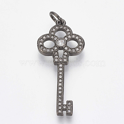 Brass Micro Pave Cubic Zirconia Pendants, with Jump Rings, Key, Clear, Gunmetal, 32x14x2.5mm, Hole: 4mm(ZIRC-Q018-036B)