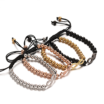 Round 304 Stainless Steel Braided Beaded Bracelets, with Infinity Brass Micro Pave Cubic Zirconia Links, Mixed Color, 50~90mm