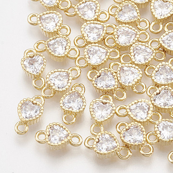 Brass Cubic Zirconia Links, Heart, Clear, Real 18K Gold Plated, 9x5x2.5mm, Hole: 1.2mm
