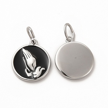 304 Stainless Steel Pendants, with Enamel and Jump Rings, Flat Round with Praying Hands, Stainless Steel Color, 18.5x16x2.5mm, Hole: 6mm