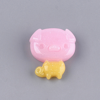 Resin Cabochons, with Glitter Powder, Cartoon Piggy Findings, Pink, 20x17x6mm