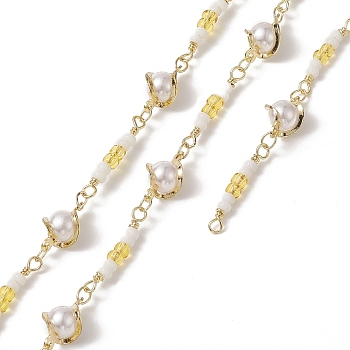 Rack Plating Golden Brass Twist Round Link Chains, with Plastic Pearl Beaded, Unwelded, with Card Paper, White, 12x6.5x8mm