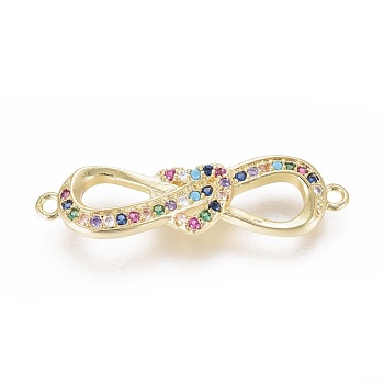 Brass Micro Pave Cubic Zirconia Links connectors, Bowknot, Colorful, Golden, 8x30x3mm, Hole: 1.4mm