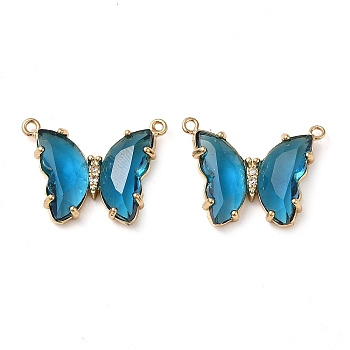 Brass Pave Faceted Glass Connector Charms, Golden Tone Butterfly Links, Steel Blue, 17.5x23x5mm, Hole: 0.9mm