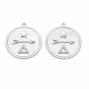 Brass Micro Pave Clear Cubic Zirconia Pendants, Nickel Free, Flat Round with Arrow & Star & Triangle, Real Platinum Plated, 25x23x2mm, Hole: 1mm