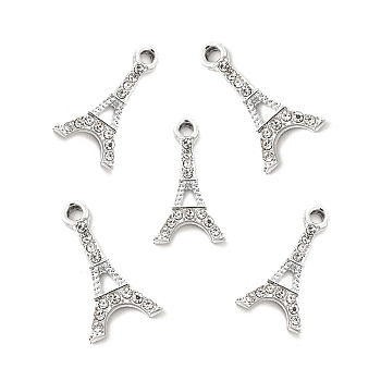 Alloy Rhinestone Pendants, Platinum Tone Eiffel Tower Charms, Crystal, 21x11.5x2mm, Hole: 2.2mm