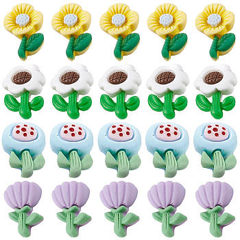 SUNNYCLUE 80Pcs Opaque Resin Cabochons, Flower, Mixed Color, 20~23.5x14.5~17x6mm