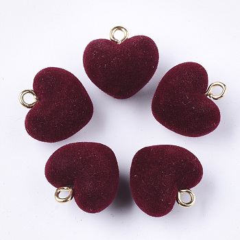 Flocky Acrylic Pendants, with Brass Loops, Heart, Golden, Dark Red, 18.5x18x13mm, Hole: 2.5mm