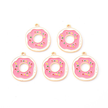 Alloy Enamel Pendants, Doughnut, Light Gold, Pink, 24x21x3mm, Hole: 1.6mm