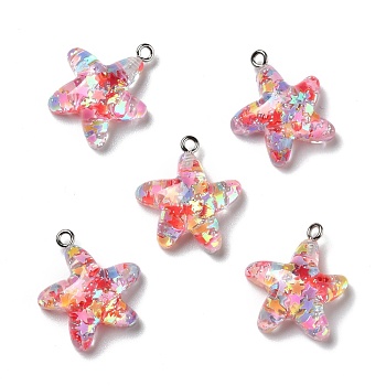 Transparent Resin Pendants, with Platinum Tone Iron Loops & Glitter Powder, Star, Colorful, 24x20x8mm, Hole: 2mm