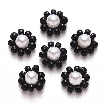 Glass Seed Beads Charms, with ABS Plastic Imitation Pearl and Golden Tone Brass Findings, Flower, Black, 10x5mm