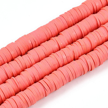 Handmade Polymer Clay Beads, Disc/Flat Round, Heishi Beads, Salmon, 6x1mm, Hole: 2mm, about 380~400pcs/strand, 17.7 inch
