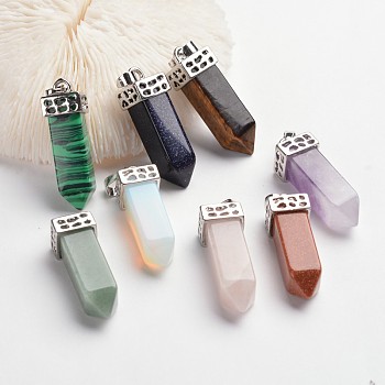 Bullet Brass Fashion Natural & Synthetic Mixed Stone Pointed Pendants, Platinum, Mixed Color, 44mm, Hole: 5x8mm