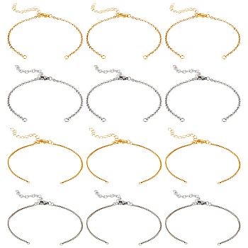 12Pcs 4 Style Half Finished 304 Stainless Steel Cable Chain Bracelets, with Lobster Claw Clasps, Chain Extender & Jump Rings, for Connector Bracelets Making, Golden & Stainless Steel Color, 7-1/8 inch(18cm)~7-1/4 inch(18.5cm), 3pcs/style