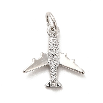 Rack Plating Brass Micro Pave Cubic Zirconia Charms, Passenger Plane Charm, Long—Lasting Plated, with Jump Rings, Cadmium Free & Lead Free, Real Platinum Plated, 14x13x2mm, Hole: 3mm