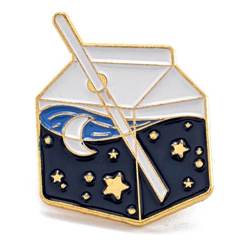 Alloy Enamel Brooches, Enamel Pin, with Butterfly Clutches, Milk with Star, Midnight Blue, Golden, 27.5x21mm
