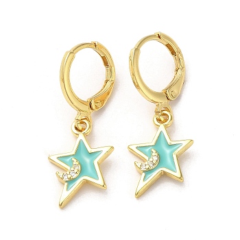 Star & Moon Real 18K Gold Plated Brass Dangle Leverback Earrings, with Enamel and Cubic Zirconia, Turquoise, 25.5x11mm