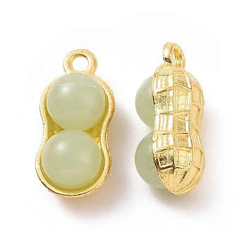 Alloy with Glass Imitation Jade Pendants, Peanut Charm, Golden, Dark Sea Green, 17.5x8x7mm, Hole: 1.6mm