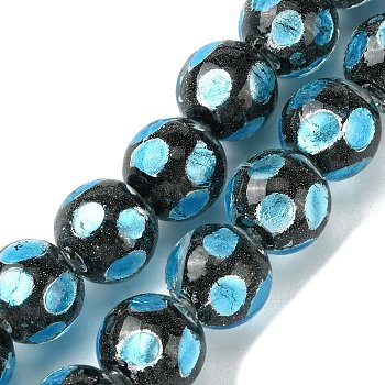 Handmade Silver Sand Lampwork Beads Strands, Round with Dot, Deep Sky Blue, 14.5mm, Hole: 1.4mm, about 128pcs/strand, 14.96''(38cm)